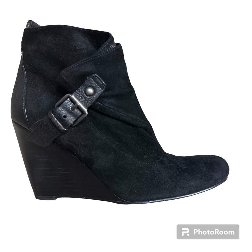 Genuine Suede and leather black boots with 3.5” wedge